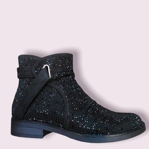 Italina Black Metallic Glitter Rhinestone Low Heel Comfy Slip-On Ankle Booties